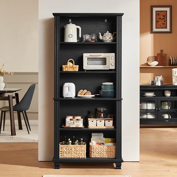 SAVOR LIFE 70" Tall Black Bookshelf,5 Tier Wooden Book Shelf with Adjustable Shelves & Wood Legs,Free Standing Farmhouse Bookcase with Open Display Storage,Vintage Bookshelves for Living Room, 2PCS
