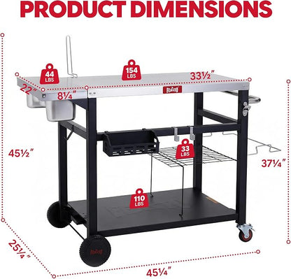 Feasto Outdoor Prep Table with One-Piece Integrated Topping Station, Food-Grade Stainless Steel Tabletop, Pizza Oven Table with Lockable Wheels for Backyard BBQ & Party