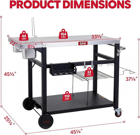 Feasto Outdoor Prep Table with One-Piece Integrated Topping Station, Food-Grade Stainless Steel Tabletop, Pizza Oven Table with Lockable Wheels for Backyard BBQ & Party