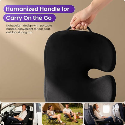 ZZ-WELL Seat Cushions for Office Chairs, Patented Pressure Relief Coccyx Cushion for Tailbone Pain, Memory Foam Butt Pillows for Wheelchair Car Sitting, Carrying Handle, Non-Slip (Black, Large)