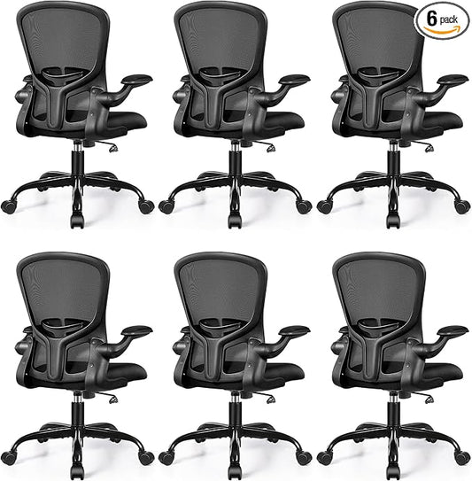 FelixKing Office Desk Chairs, Ergonomic PC Desk Chair with Wheels, Adjustable Lumbar Support and Height, Swivel Computer Chair with Flip-up Armrests, Ergo Mesh Backrest for Working (Black, Pack of 6)