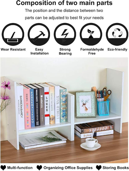 PAG Adjustable Desktop Shelf Wood Small Bookshelf Desk Supplies Organizers and Accessories Storage Display Rack Office Decor, White
