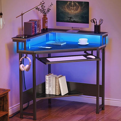 Corner Gaming Desk - ,44.5" W x 34.5" H Small Computer Desk with Power Outlets,Home Office Desk with LED Lights, Triangle Corner Table with Keyboard Tray & Monitor Stand for Small Space, Black