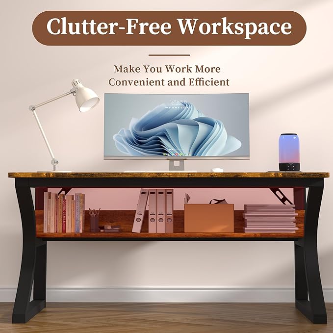AZN Computer Desk, 47 X 20 inch Computer Desk, Office Desk w/Storage, Large Legroom, Sturdy Metal Frame, Home Office Desks for Gaming Study Writing Work, Waterproof, Scratch-Resistant, Rustic Brown