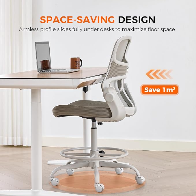 Drafting Chair Armless, Tall Office Chair with Adjustable Foot Ring and Lumbar Support, Ergonomic Mesh High Desk Chair for Standing Desk, Apricot