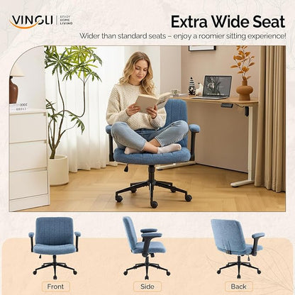 VINGLI Criss Cross Chair with Adjustable Flip-Up Arms,Cross Legged Chair with Wheels,Extra Wide Office Chair,Desk Chair for Home Office,Vanity,Bedroom, Apartment,Starry Chenille,Navy Blue