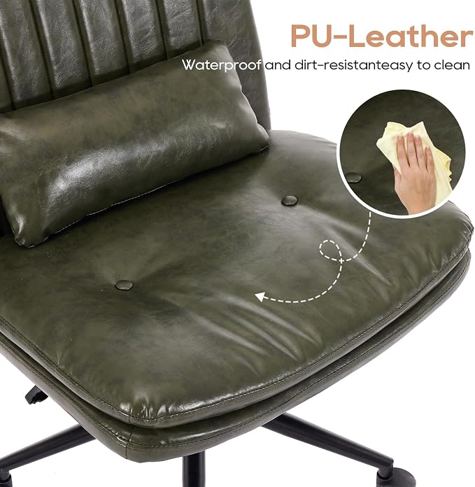 IPKIG Criss Cross Chair, Small Armless Desk Office Computer Chair with Wheels and Lumbar Pillow, Comfy Adjustable Swivel Task Vanity Chair Faux Leather, Green