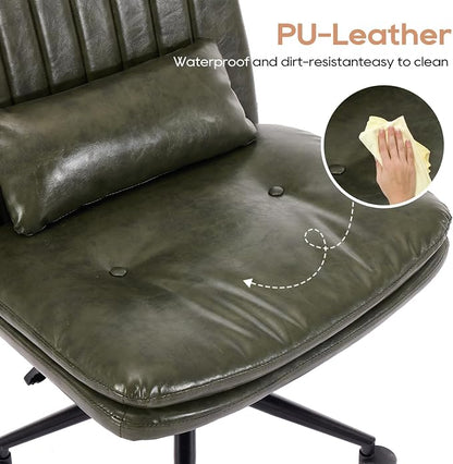 IPKIG Criss Cross Chair, Small Armless Desk Office Computer Chair with Wheels and Lumbar Pillow, Comfy Adjustable Swivel Task Vanity Chair Faux Leather, Green