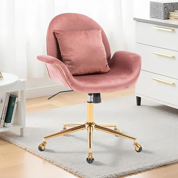 Pink Velvet Home Office Desk Chair with Gold Base for Women Girls, Swivel Makeup Vanity Chair with Pillow,Rose Upholstered Mid Back Adjustable Office Chair for Bedroom Living Room(Pink)
