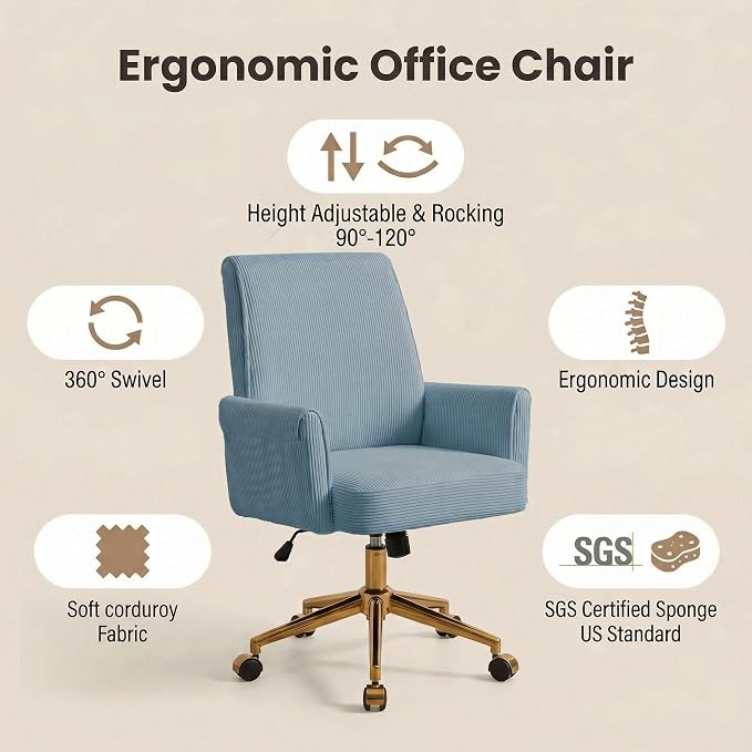 Stripes Velvet Home Office Desk Chair, Accent Upholstered Modern Height Adjustable Swivel Chair with Wheels,Ergonomic Task Chair for Living Room,Bedroom,Vanity,Study,Office（Blue）