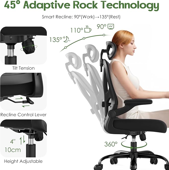 Office Chair Ergonomic Desk Chair - Mesh High Back Office Chair with Headrests Wheels Lumbar Support Home Desk Office Chairs Flip up Armrest Executive Rolling Computer Chair Black 10 Pack