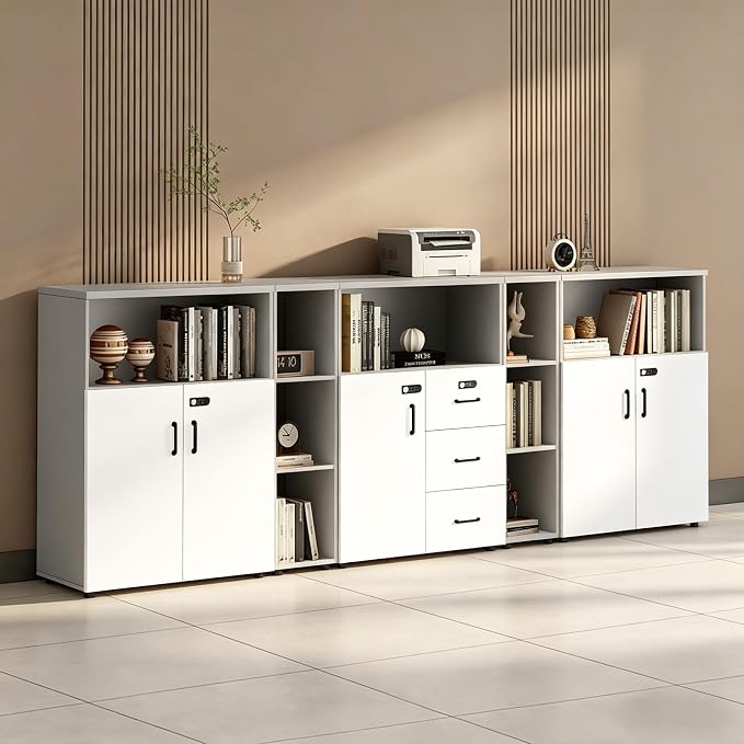 File Cabinet with Password Lock, Wood Lateral Filing Cabinet for Letter/A4 Files, 3 Drawer with Door, Printer Stand with Open Shelves for Home Office