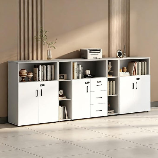 File Cabinet with Password Lock, Wood Lateral Filing Cabinet for Letter/A4 Files, 3 Drawer with Door, Printer Stand with Open Shelves for Home Office