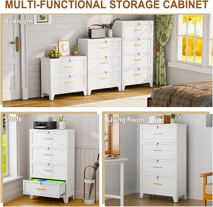 Metal Lateral File Cabinet with Lock,4 Drawer Steel Wide Filing Organization Storage Cabinets for Legal/Letter/A4/F4 Size with Hanging Files&Key,Lockable Printer Stand for Home Office, White