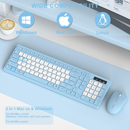 Wireless Keyboard and Mouse Combo, Full-Sized Wireless Keyboard and Adjustable DPI Mouse, 2.4GHz USB Receiver, Silent Keyboard and Mouse for PC, Windows, MAC, Desktop, Laptop(Sky Blue-B)