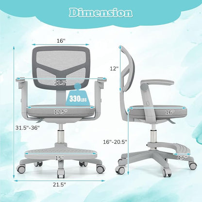 Giantex Kids Desk Chair, Ergonomic Adjustable Student Rolling Chair with Footrest & Flip-up Armrest, Mesh Children Office Chair with Universal Wheels, Kids Computer Chair for Boys & Girls, Grey