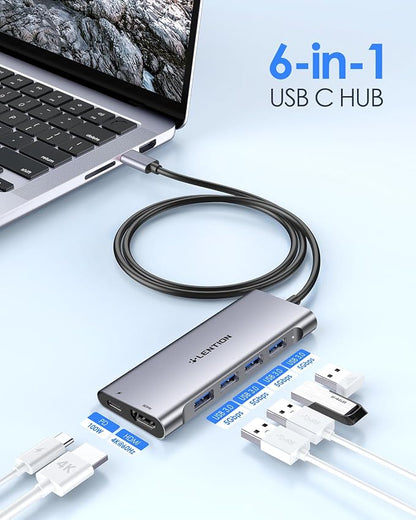 LENTION 3.3FT Long Cable USB C Hub with 4K HDMI, 100W PD Charging, 4 USB 3.0 Port & LED Indicator for MacBook Pro/Air, Dell XPS, HP, Chromebook, More, Stable Driver Adapter (C35-1M, Space Gray)