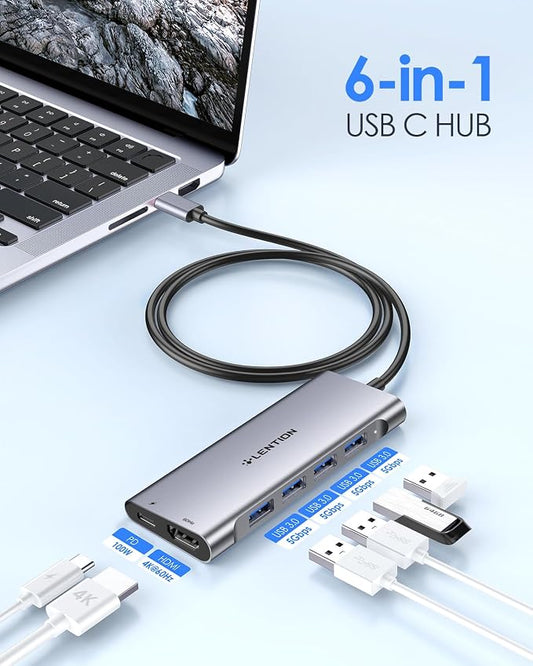 LENTION 3.3FT Long Cable USB C Hub with 4K HDMI, 100W PD Charging, 4 USB 3.0 Port & LED Indicator for MacBook Pro/Air, Dell XPS, HP, Chromebook, More, Stable Driver Adapter (C35-1M, Space Gray)