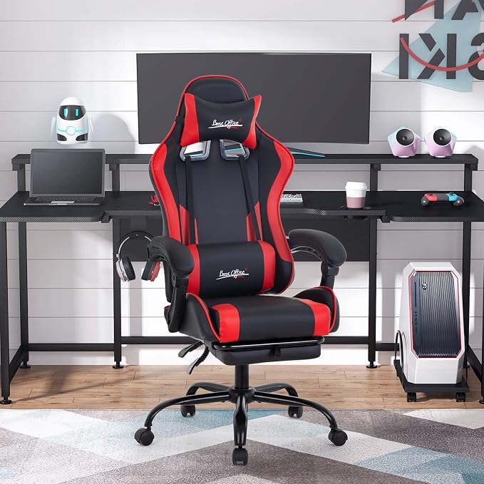 Gaming Chair Office Chair Desk Chair with Footrest Lumbar Support Headrest Armrest Task Rolling Swivel Ergonomic E-Sports Adjustable PC Gamer Chair (Red)