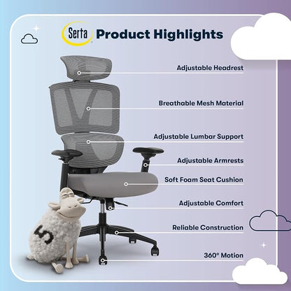 Serta AirHaven SX1200 Ergonomic Office Chair, High Back Mesh Desk Chair with Adjustable Headrest, Lumbar Support, 3D Armrests, ComfortCoils Seat, Swivel Computer Chair with Wheels, Gray