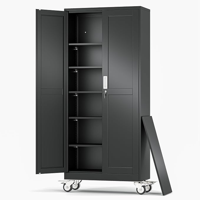 Metal Garage Storage Cabinets and storage system, 75”Tall Rolling utility cabinet with Wheels, Lock, 5 Adjustable Shelves, Heavy Duty Steel Tool Locker for Home Office, Utility Room, Gym,Black
