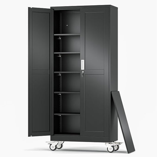 Metal Garage Storage Cabinets and storage system, 75”Tall Rolling utility cabinet with Wheels, Lock, 5 Adjustable Shelves, Heavy Duty Steel Tool Locker for Home Office, Utility Room, Gym,Black