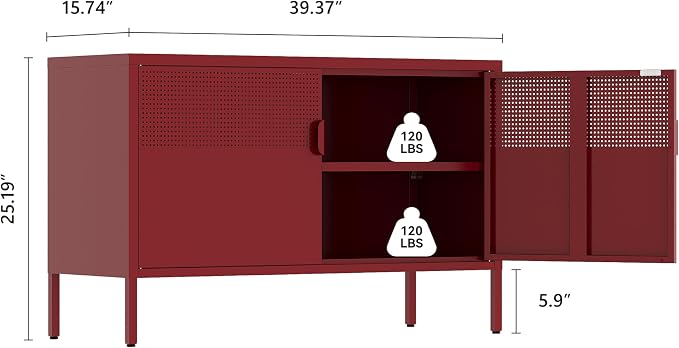 Metal Storage Cabinet,2 Door TV Stand, Metal Mesh Accent Cabinet,Magnetic Door Closure,Low Storage Cabinets with Doors and Shelves