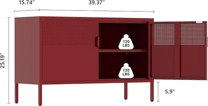 Metal Storage Cabinet,2 Door TV Stand, Metal Mesh Accent Cabinet,Magnetic Door Closure,Low Storage Cabinets with Doors and Shelves