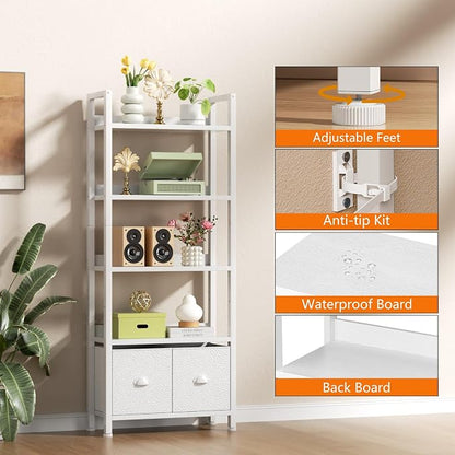 Furologee 5 Tier Bookshelf with Drawers, White Tall Bookcase with Shelves, Wood and Metal Bookshelves Storage Organizer, Modern Display Free Standing Shelf Unit for Bedroom, Living Room, Office