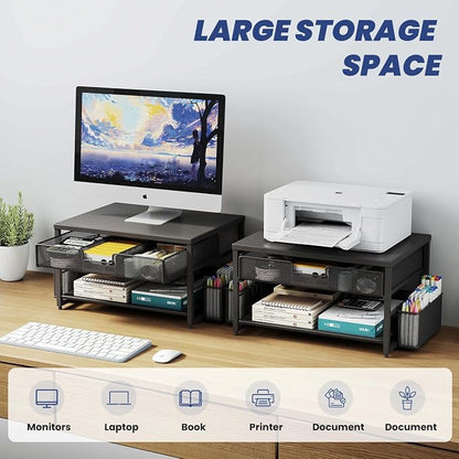 Metal Desktop Printer Stand with Storage Drawer & 2 Pen Holders,2 Tier Home Printer Riser Shelf for Desk with Paper Holder Storage,Multi-Purpose Office Desk Organizer