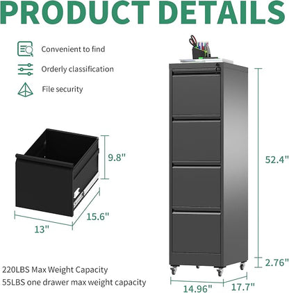 4 Drawer Mobile File Cabinet, Under Desk File Cabinet,Metal Filing Cabinets with Lock for Home Office Organizer Letter/Legal/A4,Require Assembly (Black)