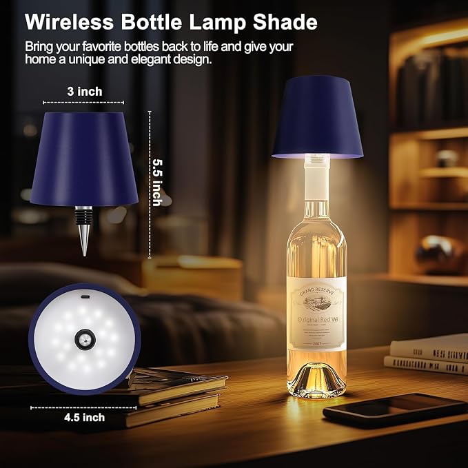 2 Pack Wireless Bottle Lamp,Rechargeable LED Wine Bottle Lamp Shade with Touch Dimming,3 Color Temperatures, Cordless Bottle Lights for Liquor Bottles,Bar, Restaurant,Bedroom Decor (Dark Blue,2pcs)