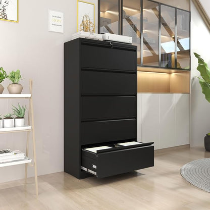 5 Drawer File Cabinet,Metal Lateral Filing Cabinet with Lock,Home Office Storage Organizer Cabinet for Legal/Letter/A4/F4 Size Files,35.5" W,Black