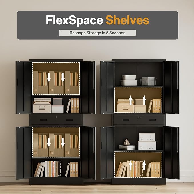 Metal Storage Cabinets with 1Drawer, 71" Storage Cabinet with 4 Locking Doors and 2 Adjustable Shelves, Steel Storage File Cabinet for Pantry Home, Kitchen, Office, Garage (Black)