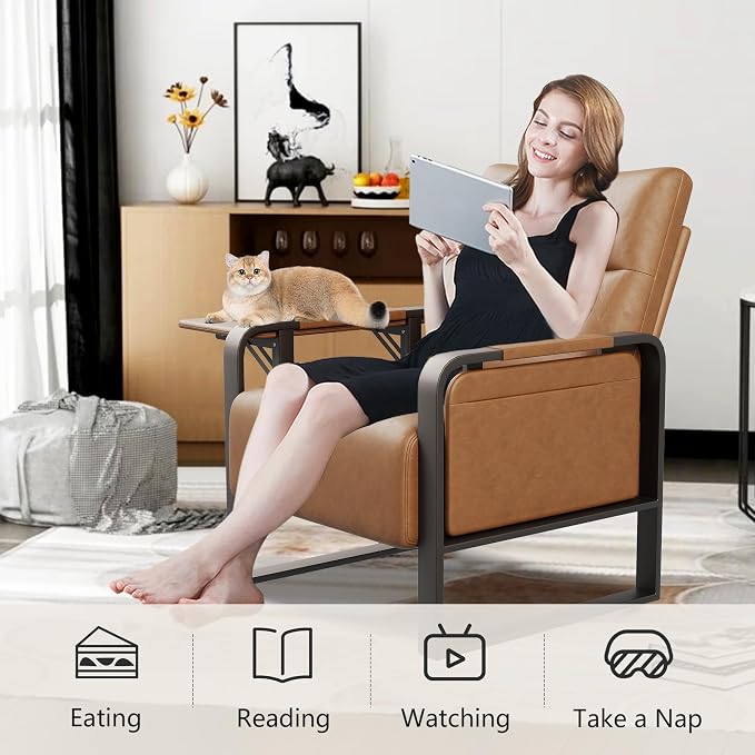 Upholstered Living Room Chair Armchair Set of 2, Mid Century Faux Leather Metal Accent Chair, Reception Couch Office Guest Chair Slipper Club Lounge Single Sofa with Sidetable for Bedroom-Light Brown