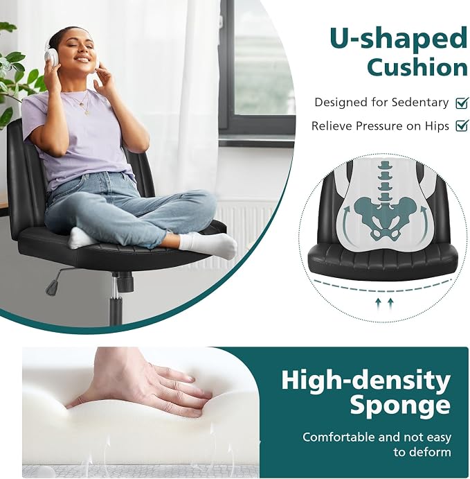 OLIXIS Criss Cross Legged Chairs No Wheels, Wide Seat Height Adjustable Swivel Chair,Padded PU Leather Armless Desk Chair for Home Office Bedroom, Student, Study Room,Black-Pu