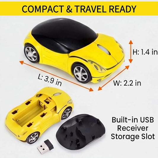 Yellow Wireless Car Mouse, 2.4G with USB Receiver, 1600DPI Optical, Ergonomic Mini Computer Mouse, for Laptop, PC, Tablet, Windows, Mac OS