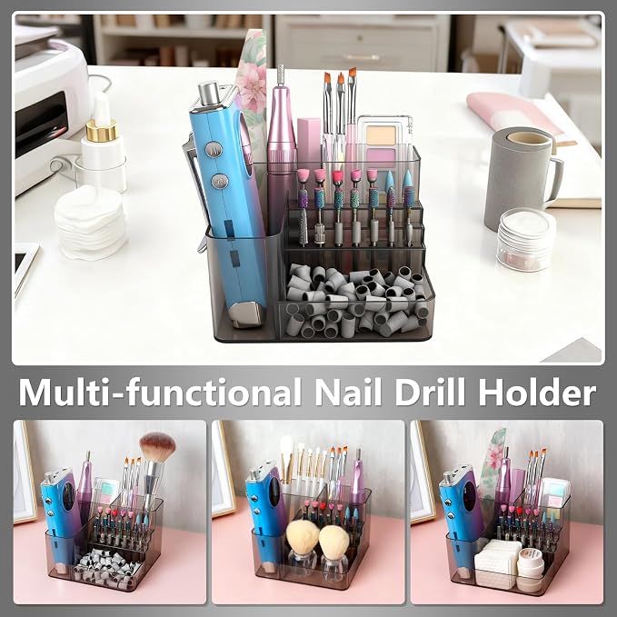Nail Drill Holder, 21 Holes Nail Drill Machine & Bits Storage Box, Acrylic Nail Drill Bit Holder Professional Nail Tools Organizer, Nail Desk Organizer for Nail Tech (Gray)