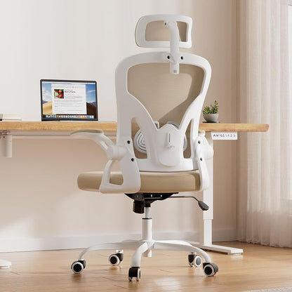 Farini Ergonomic Office Chair, Home Office Desk Chair with Headrest, High Back Swivel Computer Chair with Armrests and Adjustable Lumbar Support for Home Office Study Room, White & Khaki