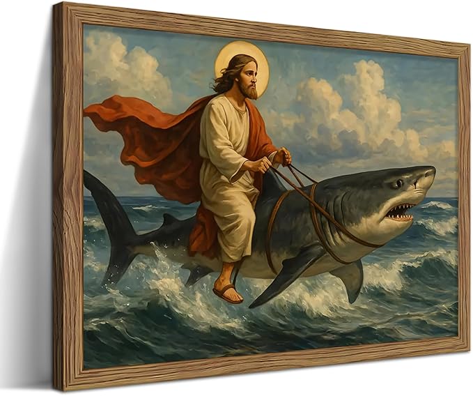 Framed Jesus Riding a Shark Wall Art, Humorous Christian Canvas Print, Fun Jesus Oil Painting, Religious Comedy Wall Decor, Christian Home Decor Gift for Living Room Bedroom Bathroom 8x10 inch