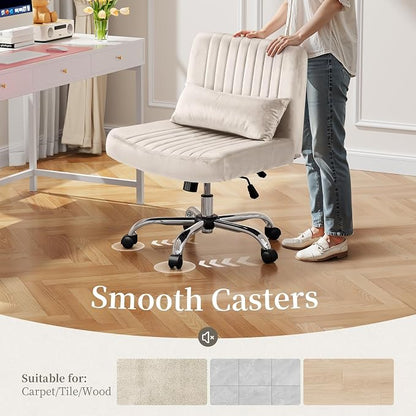 Velvet Office Chair, Luxury Criss Cross Chair with Wheels, Comfy Cross Legged Desk Chair for Home Office, Height Adjustable Vanity Chair, Wide Seat Computer Chair, Gift for Girlfriend, Cozy Beige