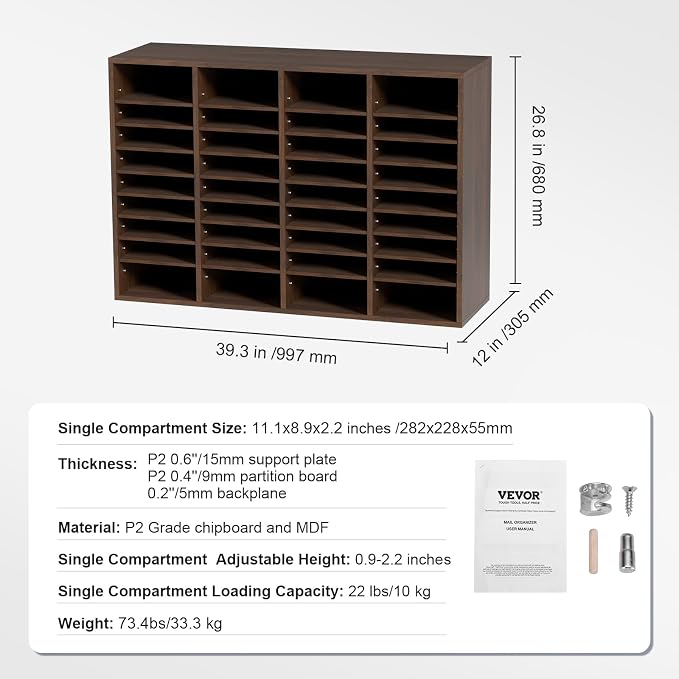 VEVOR Literature Organizers, 36 Compartments Office Mailbox with Adjustable Shelves, Wood Literature Sorter 39.3x12x26.8 inches for Office, Home, Classroom, Mailrooms Organization, EPA Certified Brown