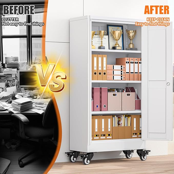 pozdeg 45.6" Metal Garage Storage Cabinets with Wheels, Lockable Rolling File Cabinets with 2 Doors and 3 Adjustable Shelves, Steel Tool Organizer Locker for Office Home Garage Gym School, White