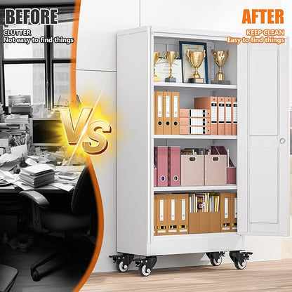 pozdeg 45.6" Metal Garage Storage Cabinets with Wheels, Lockable Rolling File Cabinets with 2 Doors and 3 Adjustable Shelves, Steel Tool Organizer Locker for Office Home Garage Gym School, White