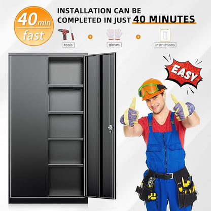 INTERGREAT Storage Cabinet with Doors and Shelves, Metal Garage Storage Cabinets with Lock, Black Lockable Steel Supply Cabinet for Home Office, Warehouse
