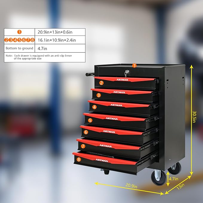 RYH 7 Drawers Rolling Tool Chest - Heavy Duty Mobile Tool Cart with Locking Wheels & Ball Bearing Drawers,30.5" H x 20.9" W x 13" D Garage Tool Storage Cabinet (Black, 7 Drawers)
