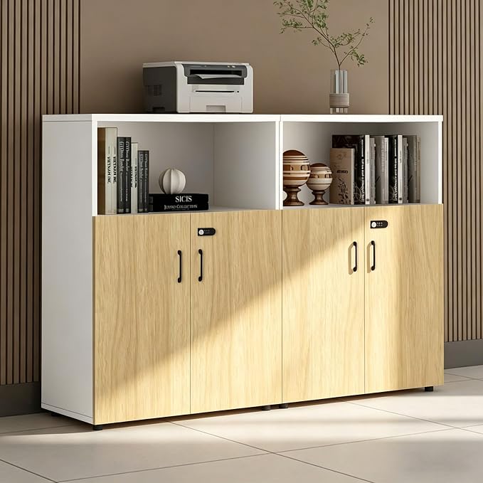 File Cabinet with Password Lock, Wood Lateral Filing Cabinet for Letter/A4 Files, 3 Drawer with Door, Printer Stand with Open Shelves for Home Office