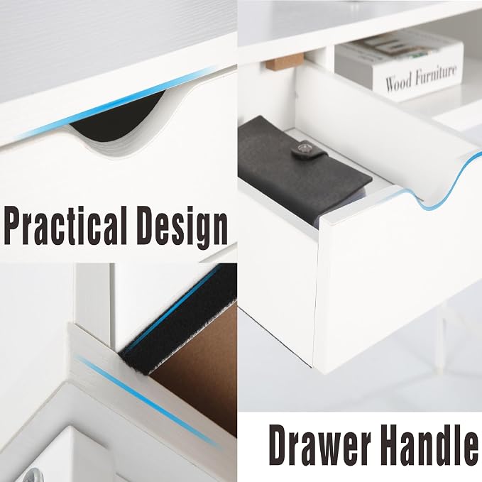 JJS 48' Writing Desk with Drawers, Contemporary Home Office Large Computer Laptop Workstation with Storage, White Drawer