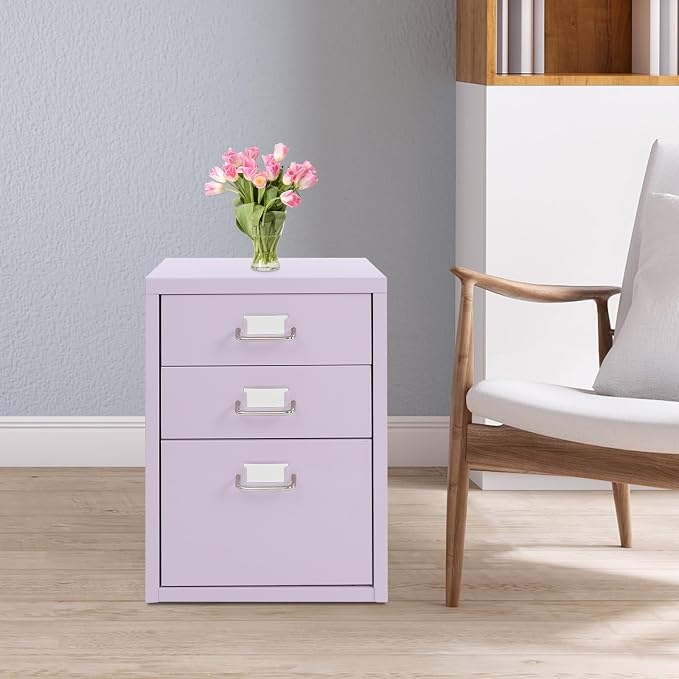 3-Drawer Mobile File Cabinet, Metal Filing Storage Cabinet with Wheels Small Nightstand Under Desk Organizer for Home Office (Purple)
