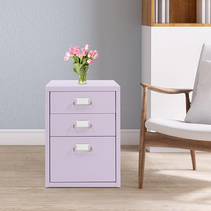 3-Drawer Mobile File Cabinet, Metal Filing Storage Cabinet with Wheels Small Nightstand Under Desk Organizer for Home Office (Purple)
